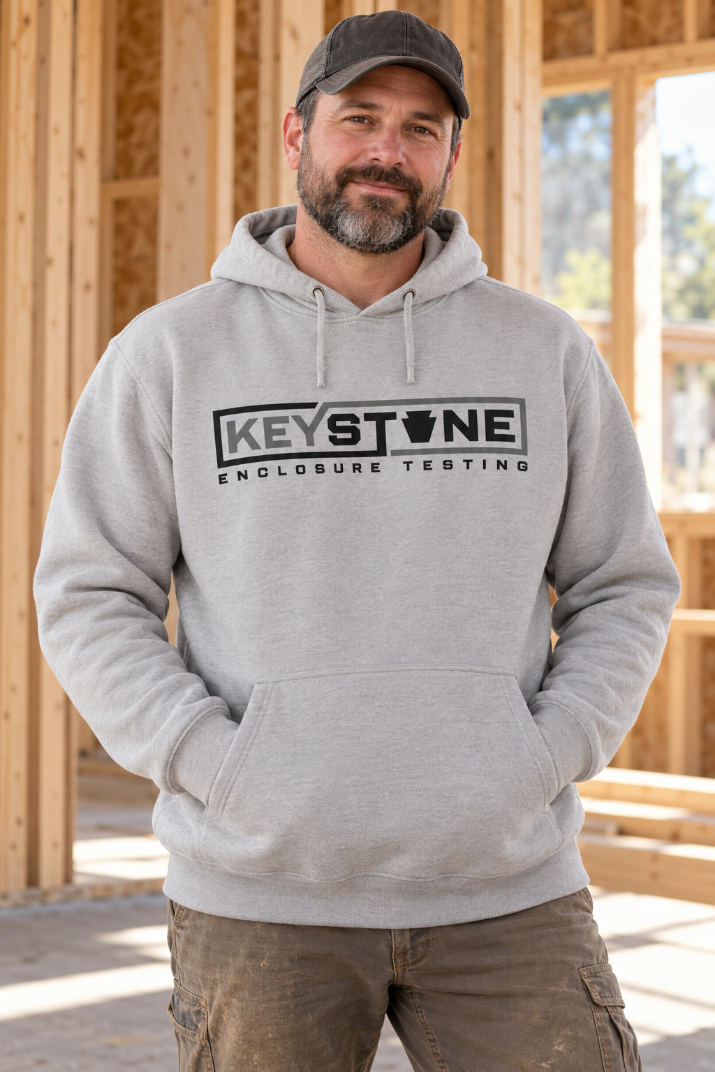 Approved adult construction worker wearing a full adult-length Keystone hoodie concept at a jobsite