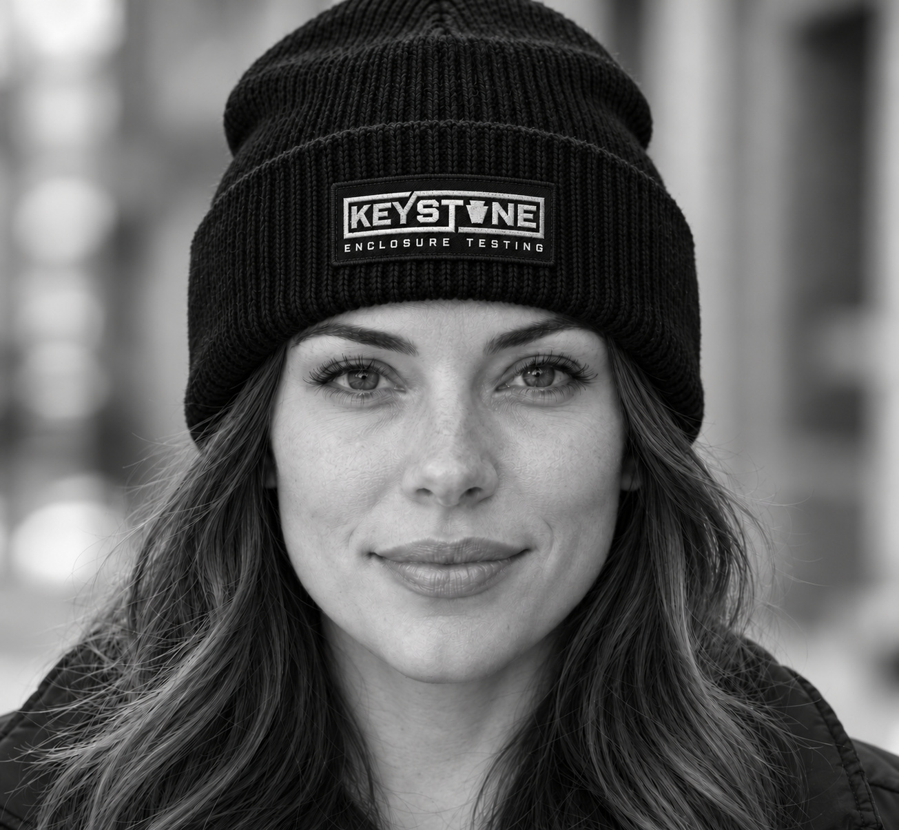 Approved monochrome portrait of a fictional adult wearing the Keystone embroidered beanie concept