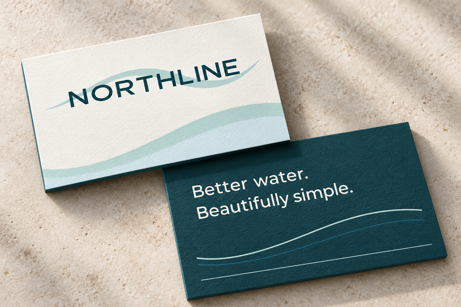 Approved Northline Water business-card design concept with ivory and teal surfaces and readable authentic identity