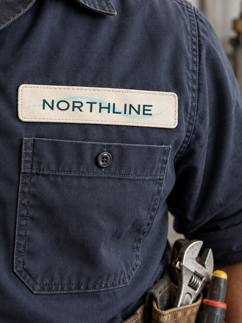 Approved Northline woven badge on a work shirt, shown with installation tools