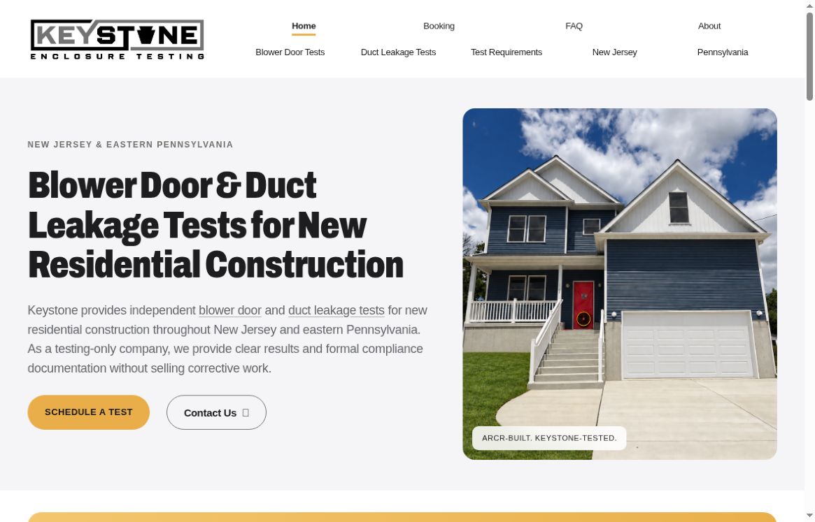 Actual Keystone Enclosure Testing homepage screenshot with enclosure-testing services and house photography